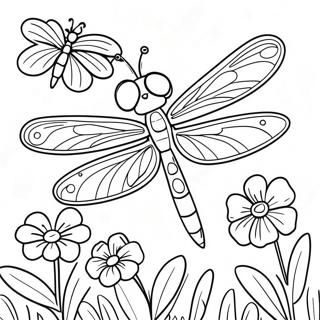 Pagina Da Colorare Della Libellula Colorata In Un Giardino Di Fiori 39731-8676